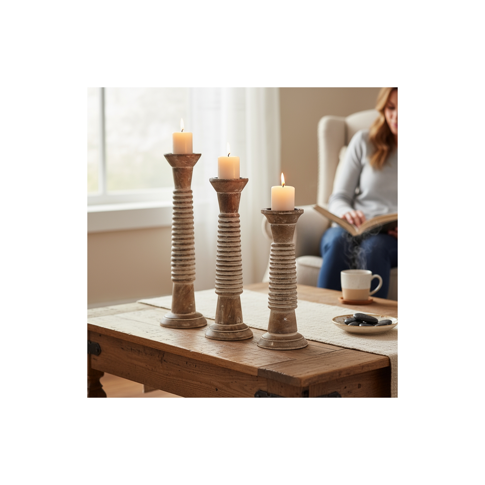 Set of 3 Ribbed Pillar Holder-Honey Stain/White Wa
